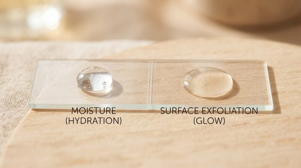 Close-up of water and liquid serum droplets on a clean glass surface.