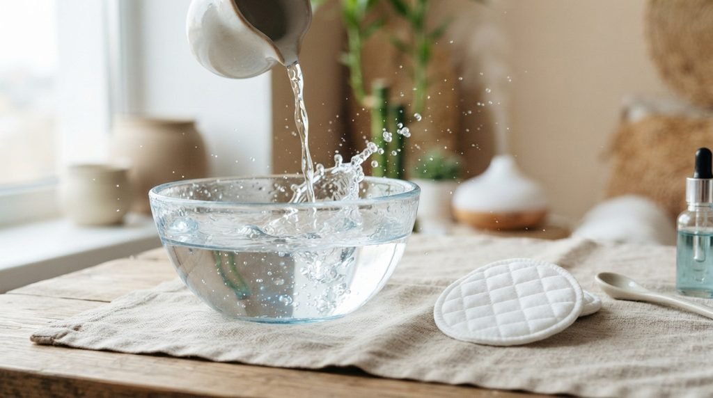 Clean water splashing into a glass bowl alongside a cotton pad on a stone counter