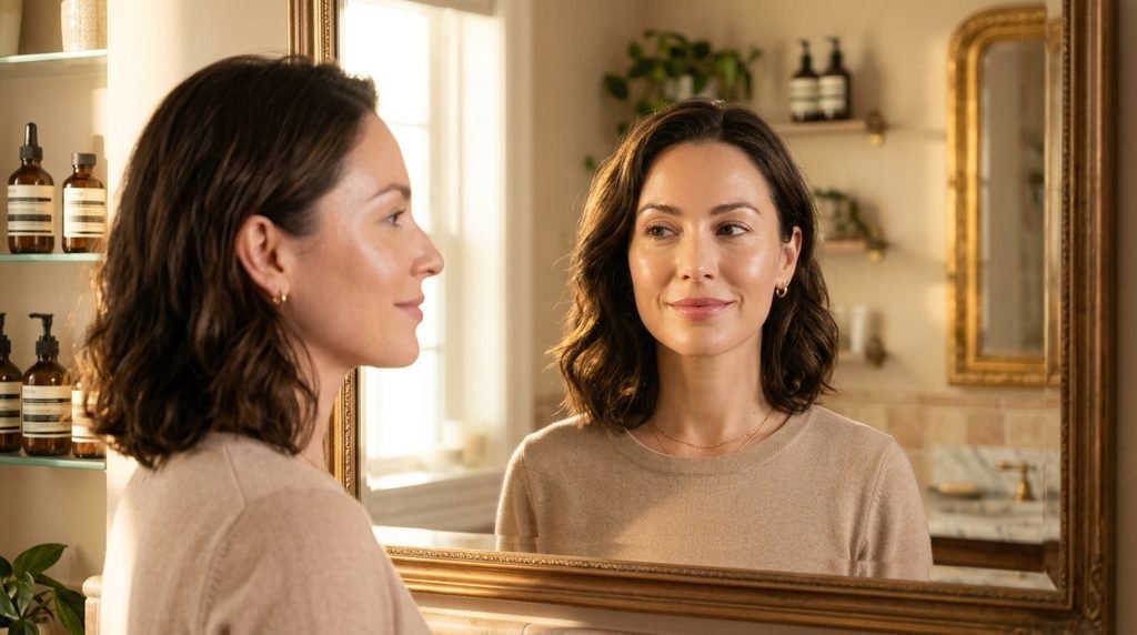 Woman looking into a mirror displaying radiant, even-toned skin