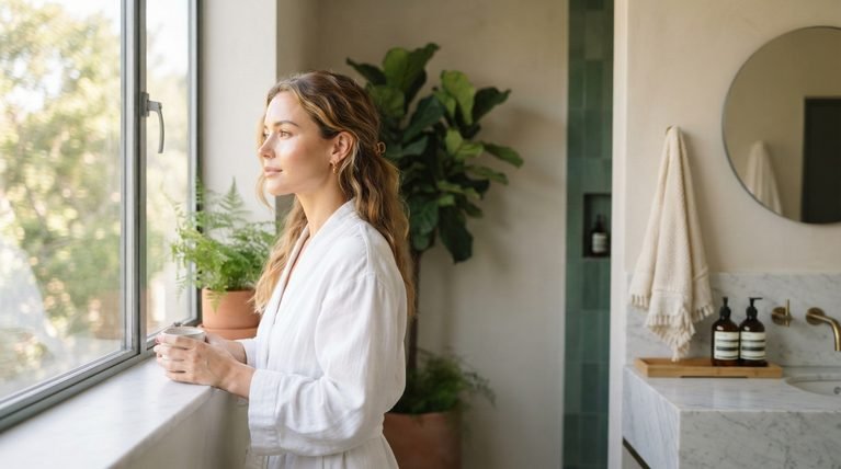 Woman with healthy glowing skin bathed in soft morning light in a minimalist bathroom.