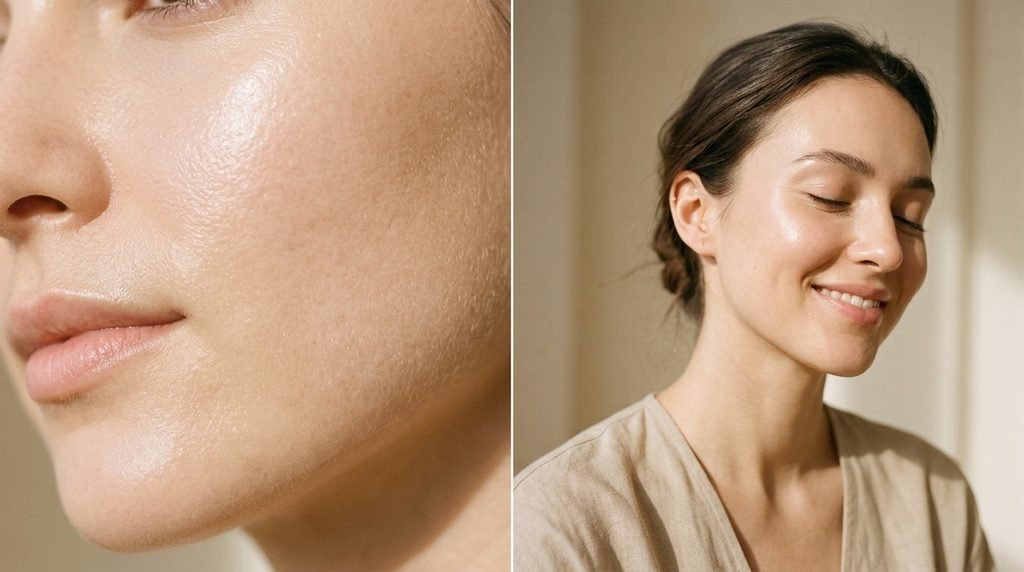 Close-up landscape shot of clean, radiant skin bathed in warm natural lighting.