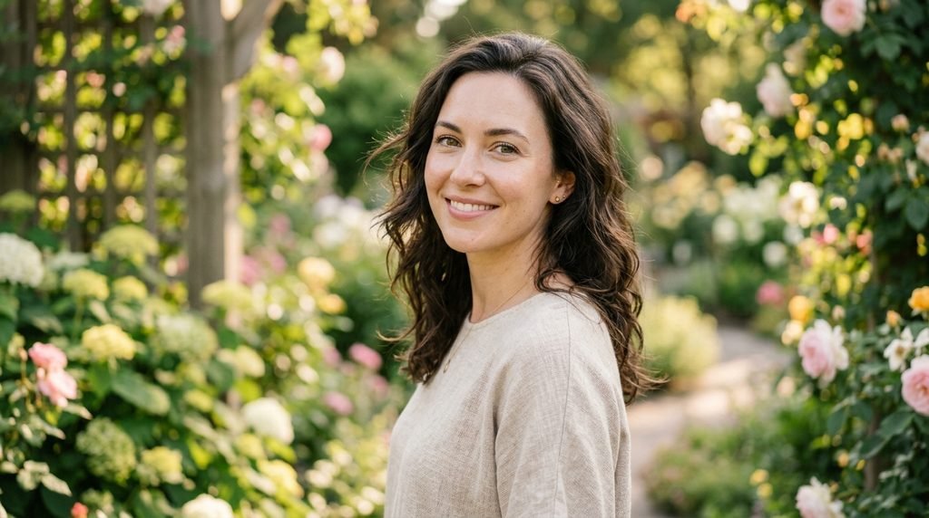 Radiant woman with smooth skin smiling outdoors in soft natural daylight.