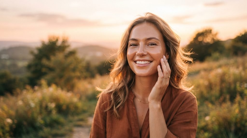 Woman with radiant skin smiling in warm golden-hour light outdoors.