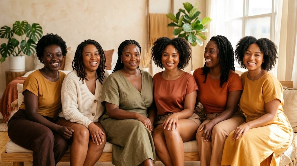 Close-up of women with smooth melanin-rich skin tones in warm natural light,